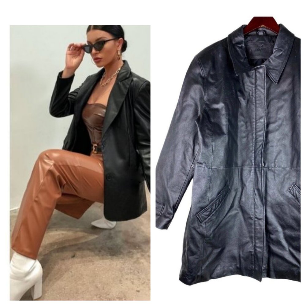 Vtg Y2K Jacqueline Ferrar XL 14 16 Jacket 100% LEATHER Coat Black Pockets